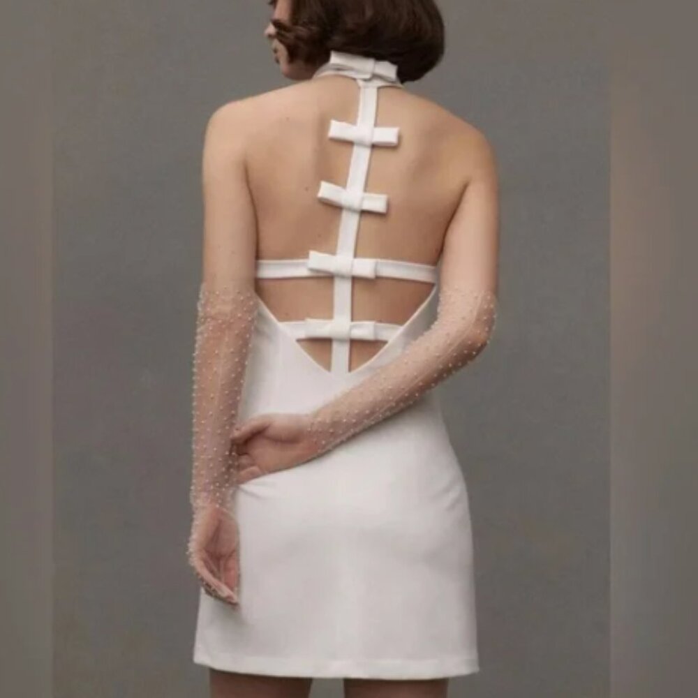 BHLDN High-Neck Bow-Back Mini Dress, Ivory - M